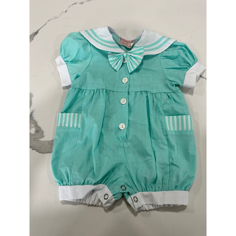 Vtg Broadway Kids Sailor‎ Romper Teal White Stripe Collar Bow Size 9 mos